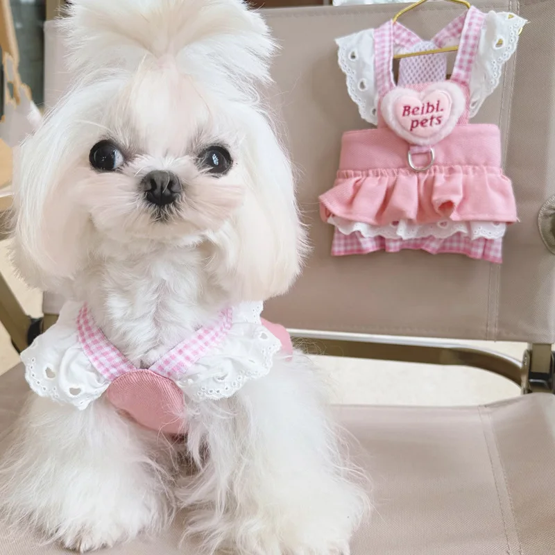 Cute Pet Love Lace Dog Clothes Denim Traction Skirt Puppy Dresses Thin Princess Dog Skirt Dog Chest and Back Clothes Breathable