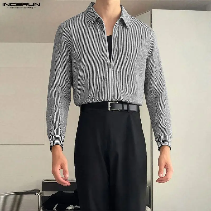 INCERUN الرجال قميص مخطط التلبيب سحاب أكمام طويلة عادية المحاصيل القمم الرجال الشارع الشهير فضفاض الكورية نمط موضة الرجال الملابس S-3XL