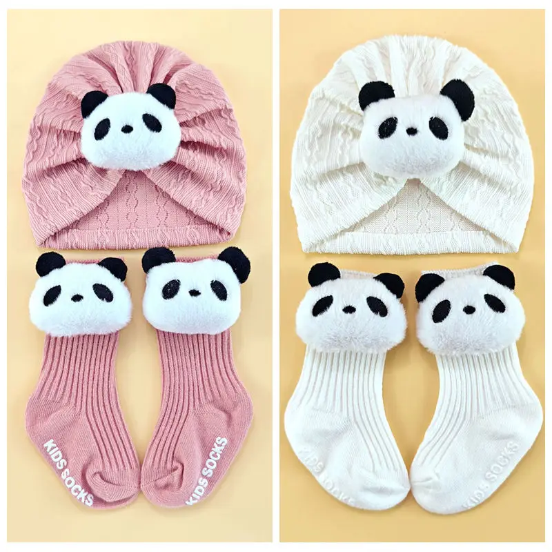1Set Newborn Winter Cartoon Hats Caps Mittens Foot Cover Infant Felt Cute Panda Headwraps Baby Hat with Socks 0-9M Beanies
