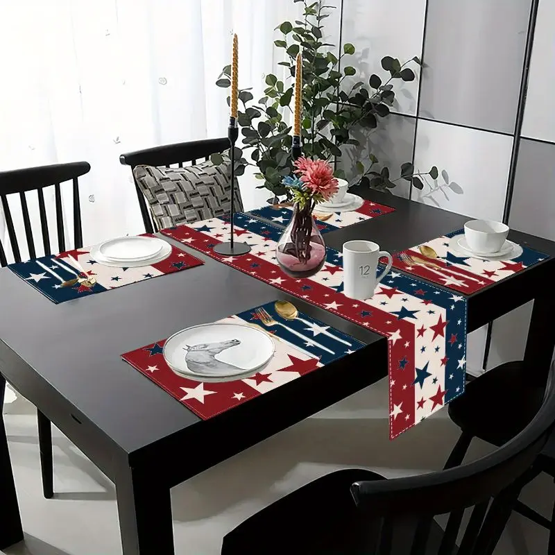 VIKAMA Independence Day 4th Of July Table Runner Placemats Set Waterproof Anti Slip Kitchen Dining Table Mat