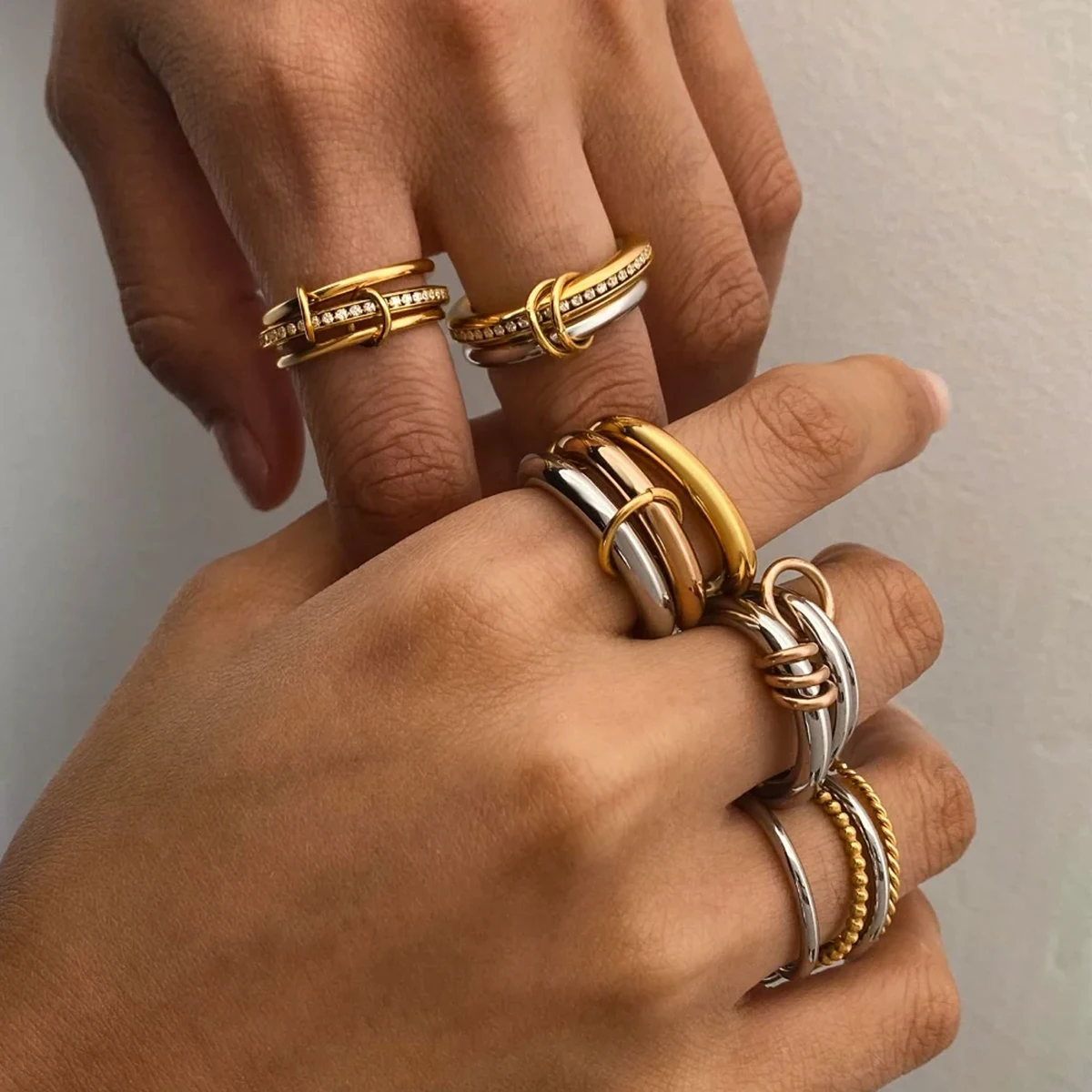 Multilayer Everly Stacked Ring Chunky Gold Plated Interlocking Zircon Multi Link Connected Rings Eternity Statement Jewelry Gift
