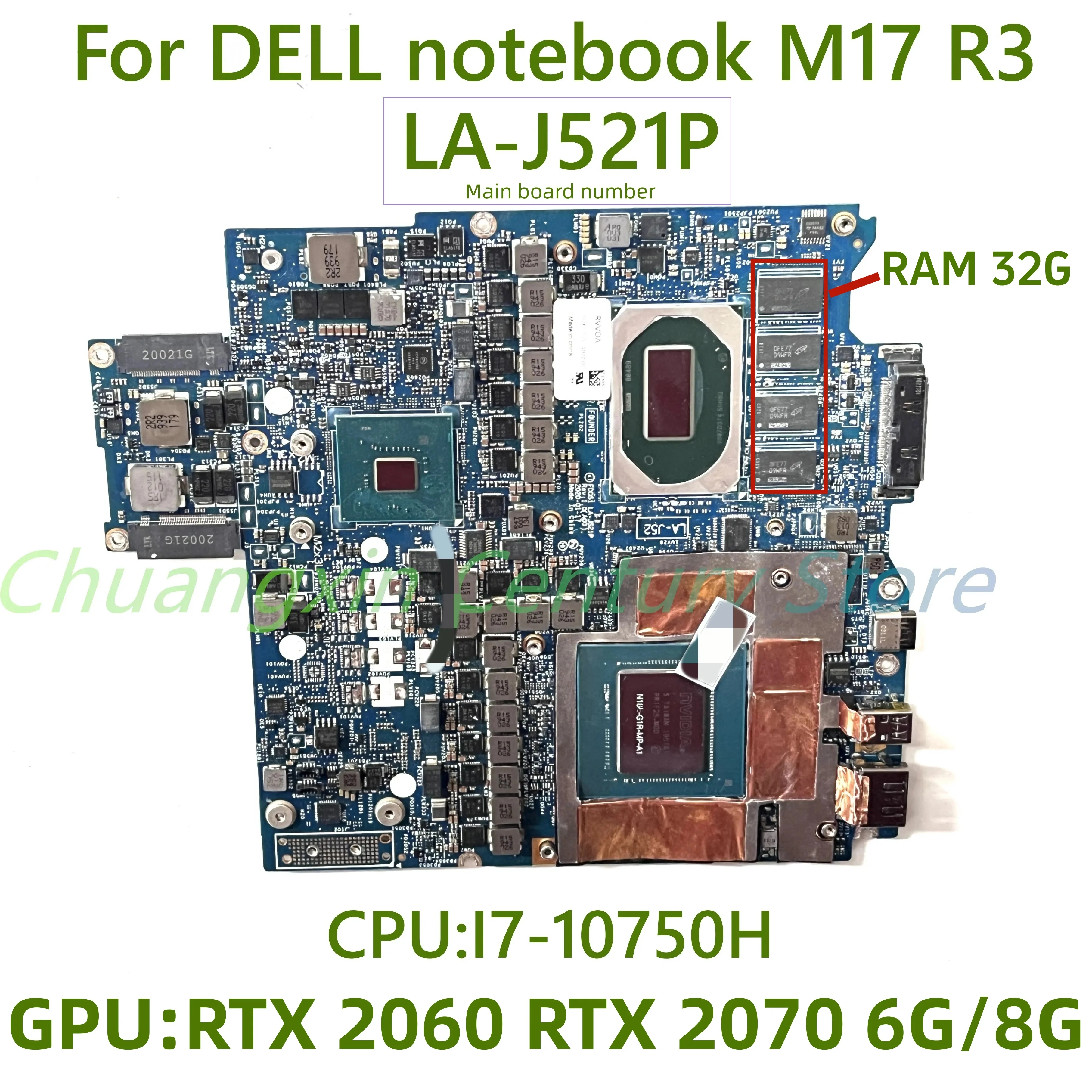 

For Dell Alienware M17 R3 Laptop motherboard LA-J521P with CPU:I7-10750H GPU:RTX 2060 6G/RTX2070 8GB 100% Tested Fully Work