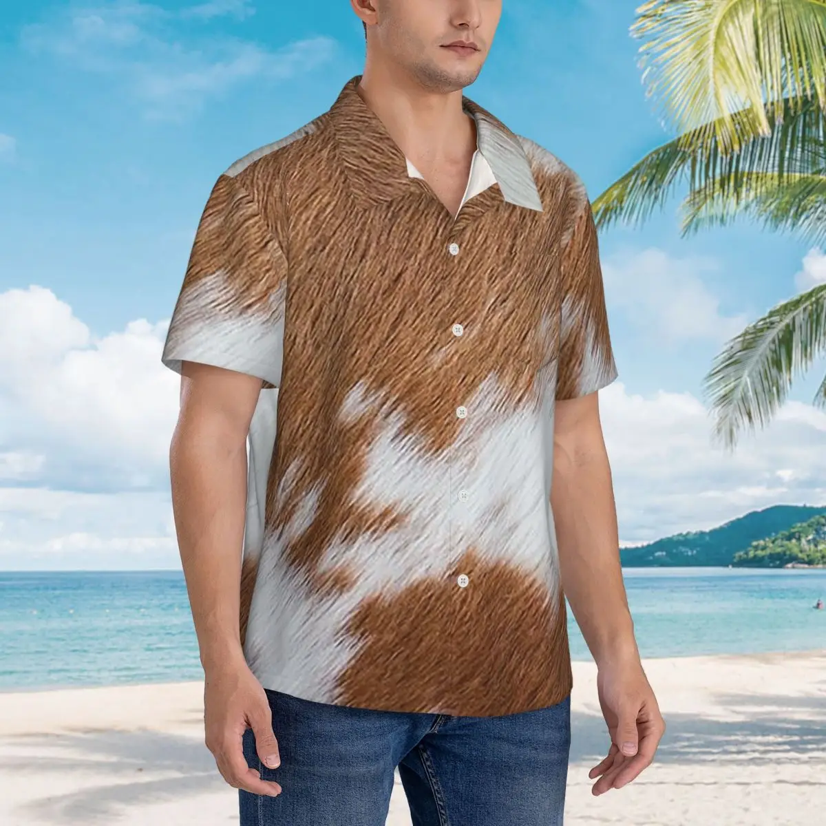 

Стильные гавайские рубашки из коровьей кожи с текстурой коровьей кожи 4, повседневные мужские рубашки с коротким рукавом для летнего пляжа, мужские топы на пуговицах