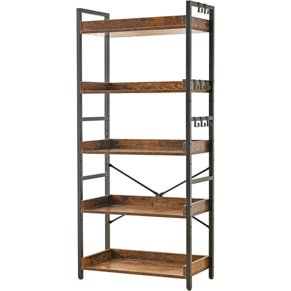 

5 Tier Open Bookcase, Rustic Farmhouse Book Shelves, Industrial Wood and Black Metal Bookshelves