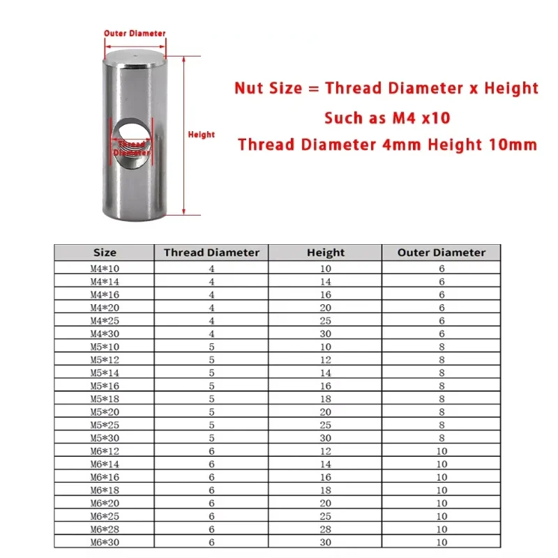 304 Stainless Steel Barrel Bolts Cylindrical Pin Dowel Cross Hole Hammer Embedded Nut for Wood Furniture Accessories M4 M5 M6