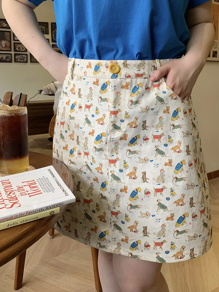 

High Waist ort Print Skirt Retro Cotton A-Line Skirt for plus Size Women Witch Doggy Friend Vintage f-length Skirt