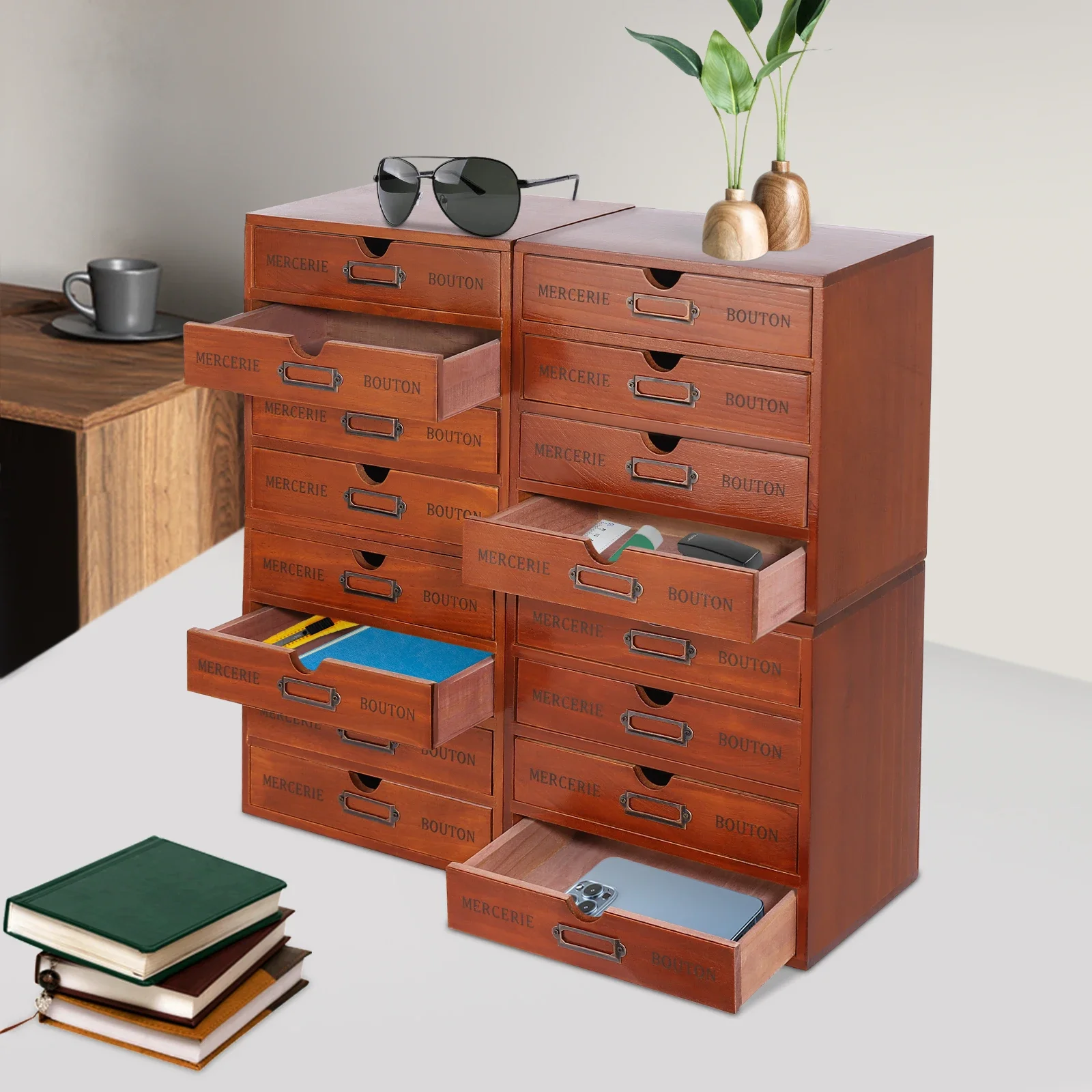Vintage Drawer Wooden Drawers Organizer, 16-Drawer Desktop Organizer With Drawers, Iron Label Holders, Brown For Store Cosmetics