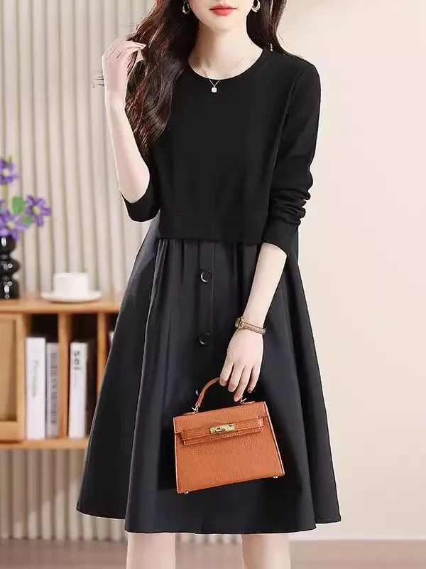 캐주얼 슬레 플러스 사이즈 드 페이크 투피스 롱 슬리브 루즈핏 스플라이스 슬리밍 미디 길이 A라인 스커트 여성용