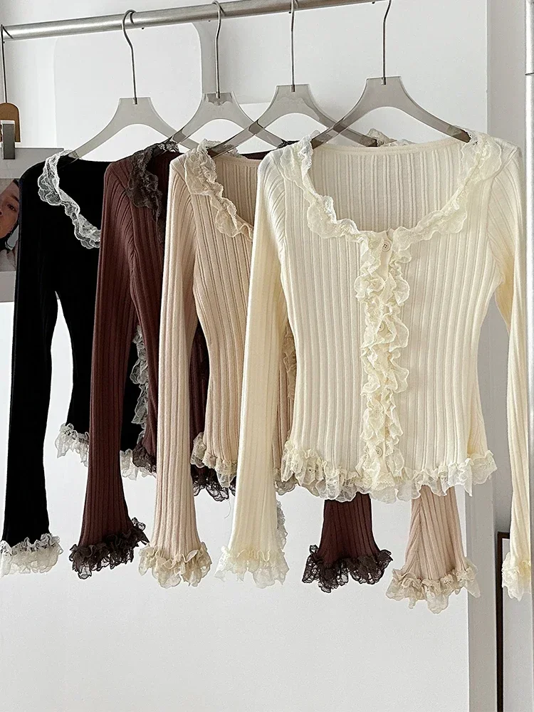 

Korean Y2k Long Sleeves Square Collar Sweaters Jumper Vintage 2000s Clothes Autumn Women Pullover Lace Cashmere Sweater Harajuku