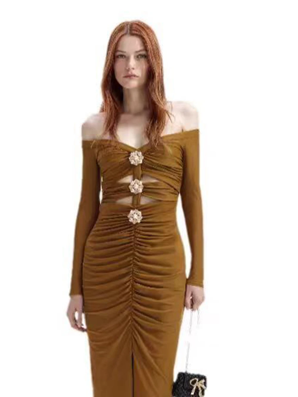 فستان فرنسي أوروبي وأمريكي بكتف واحد مجوف على شكل زهرة فساتين سهرة أنثوية وراقية للمواسيقى الاجتماعية