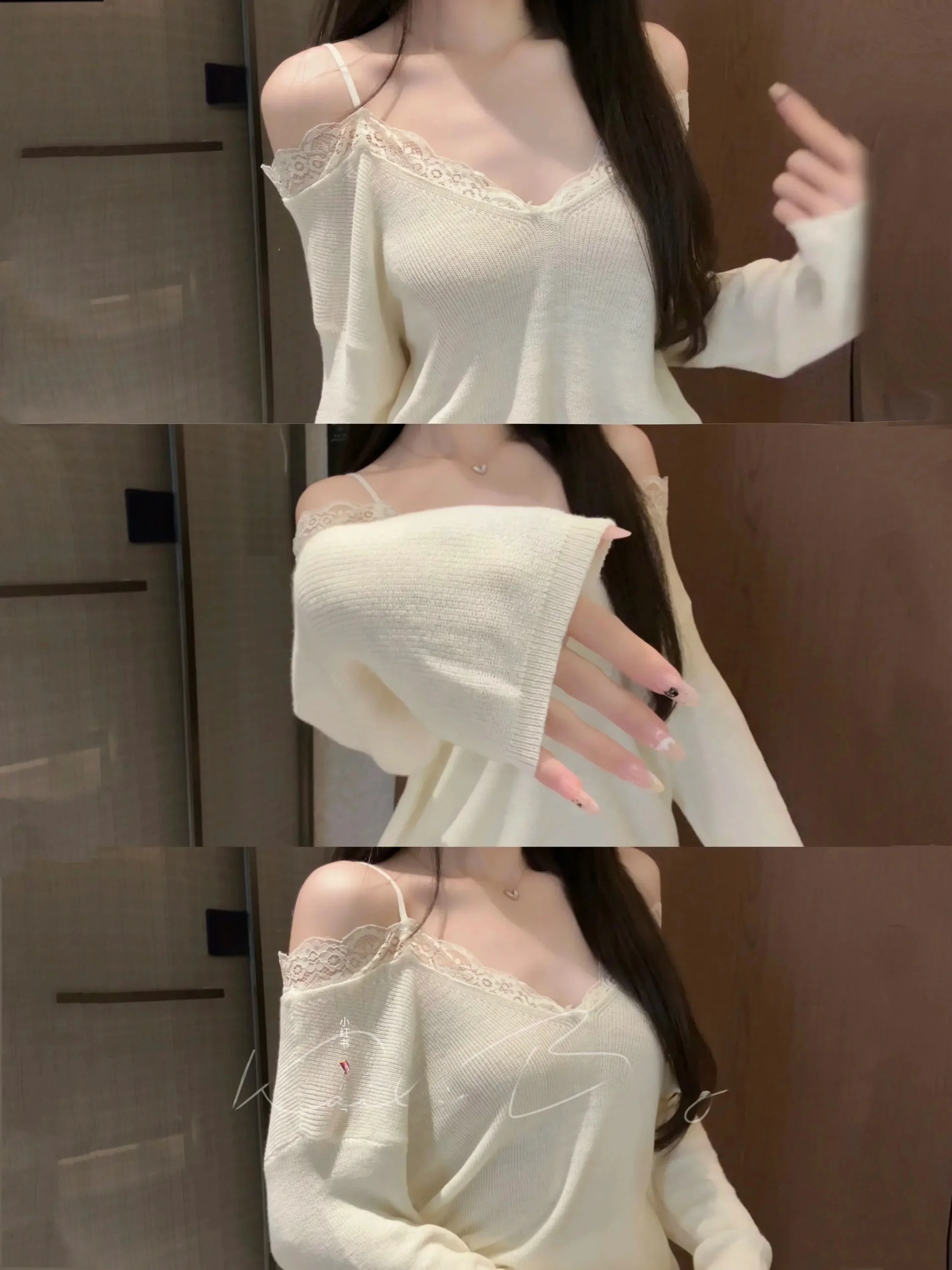 Lace Off-Shoulder V-Neck Knitwear Slimming Design Casual Style Long Sleeve T-Shirt for Women New Autumn Collection