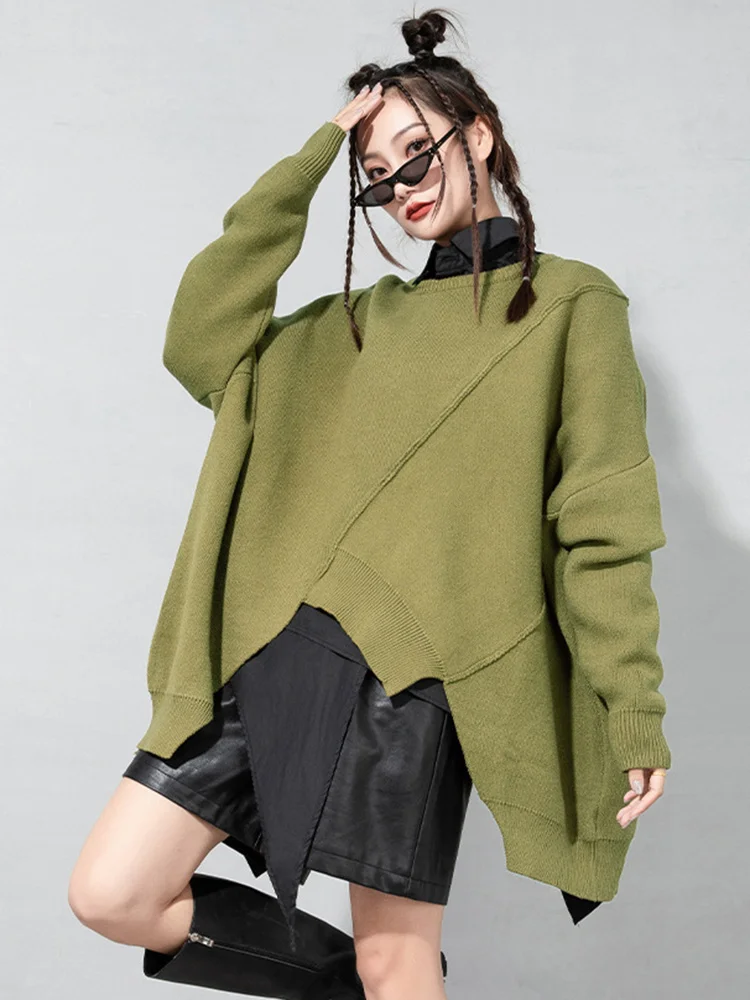 [EAM] Black Irregular Big Size Knitting Sweater Round Neck Long Sleeve Women Pullovers New Fashion Autumn Winter 2024 1DF1913