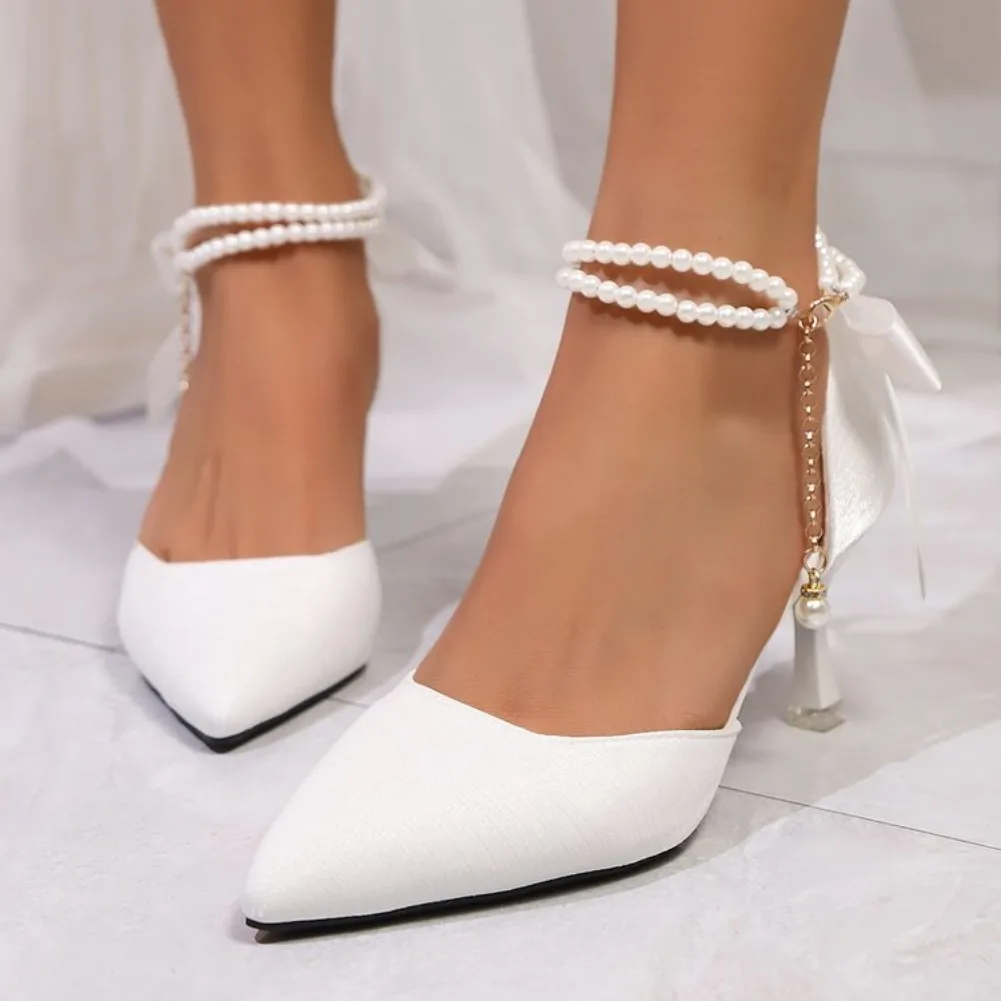 

Pointed Toe Pearl Ankle Strap High Heels Pumps Women White Satin Bowknot Banquet Party Shoes Woman Elegant Stiletto Heeled Pumps