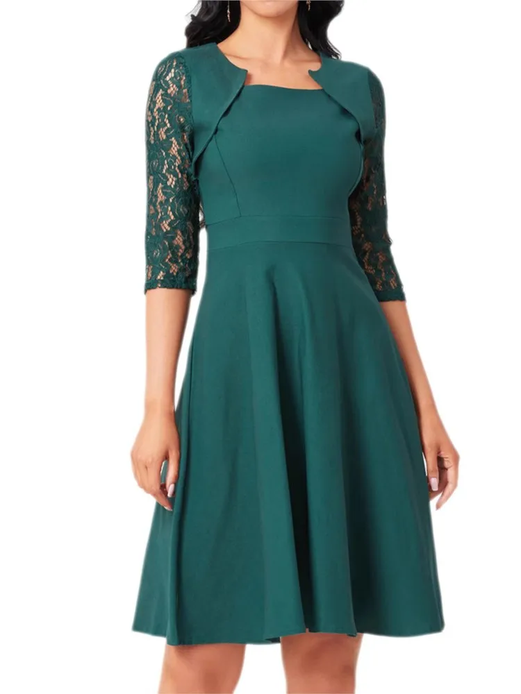Damen-Kleid mit Spitzen-Patchwork-Ärmeln, rotem quadratischem Ausschnitt, Frühling und Sommer, elegantes, tailliertes, großes Swing-Kleid mit 7-Zoll-Ärmeln