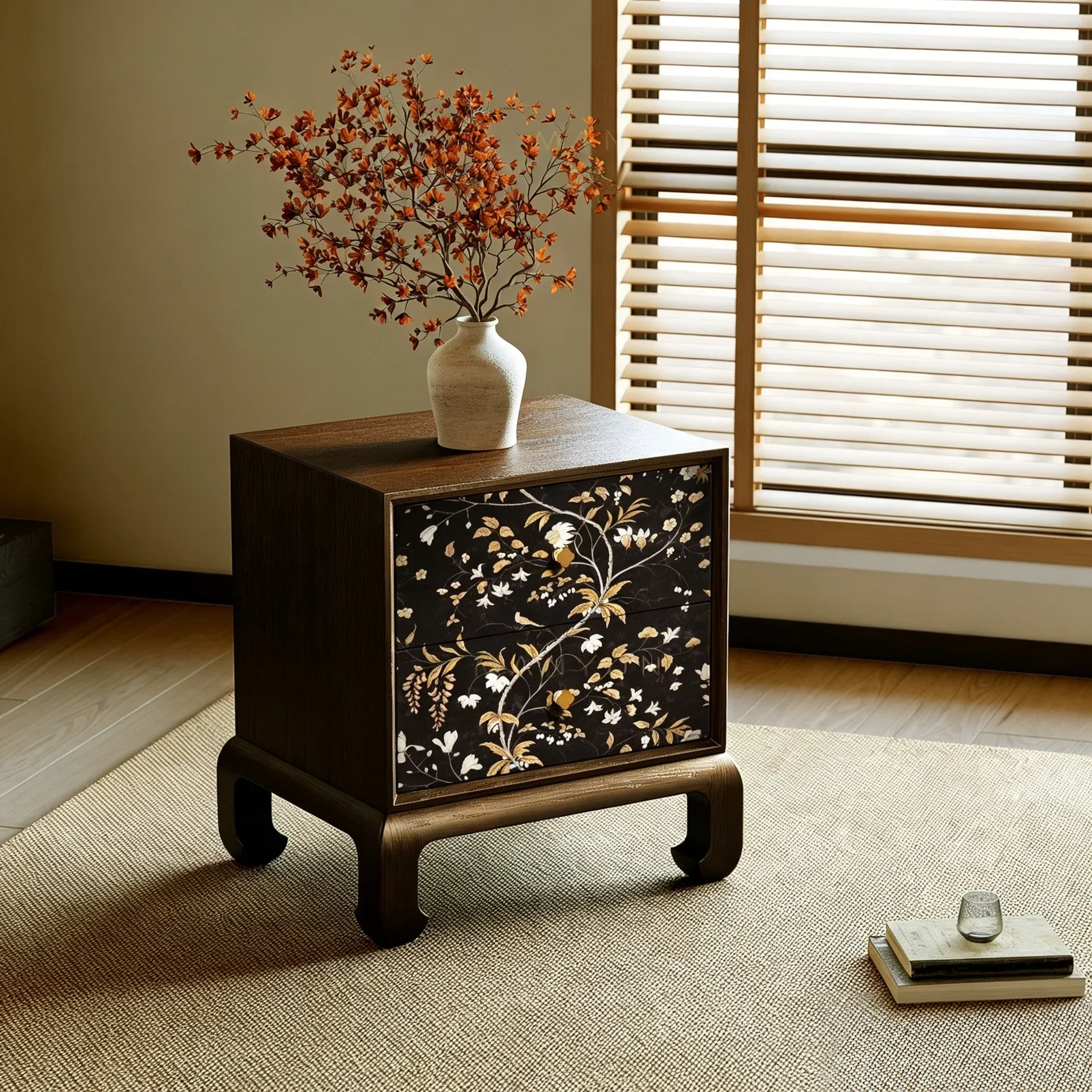 New Chinese Solid Wood Flower Floor Storage Bedside Table Bedroom Bedside Storage Bedside LockerX9