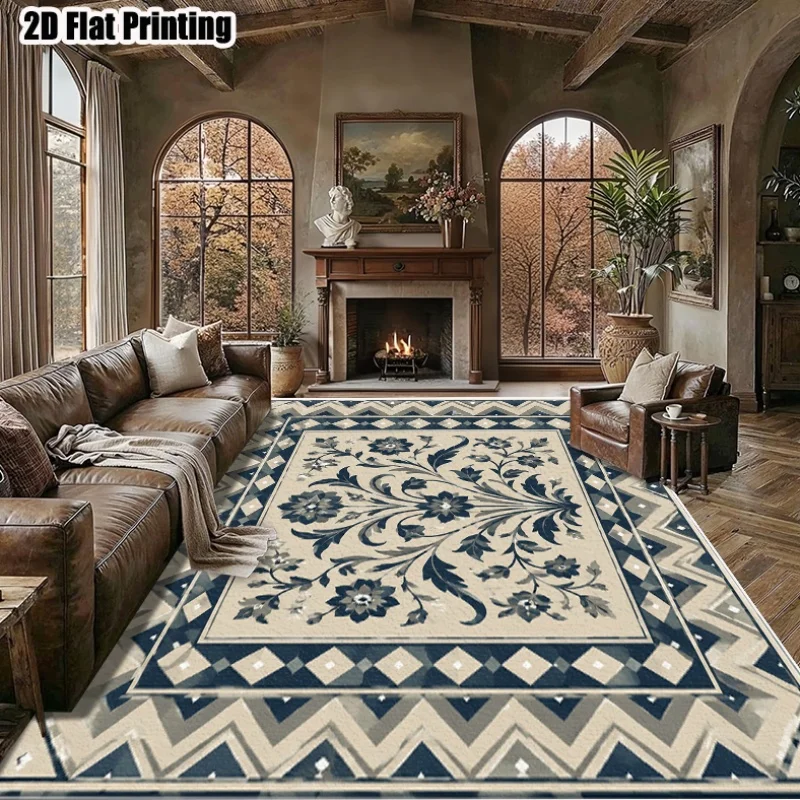 Vintage Blue Floral Area Rug, Boho Traditional Ornamental Floor Carpet, Cream‑Beige Background Geometric Border Rug for Living Room Bedroom Entryway Home Decor
