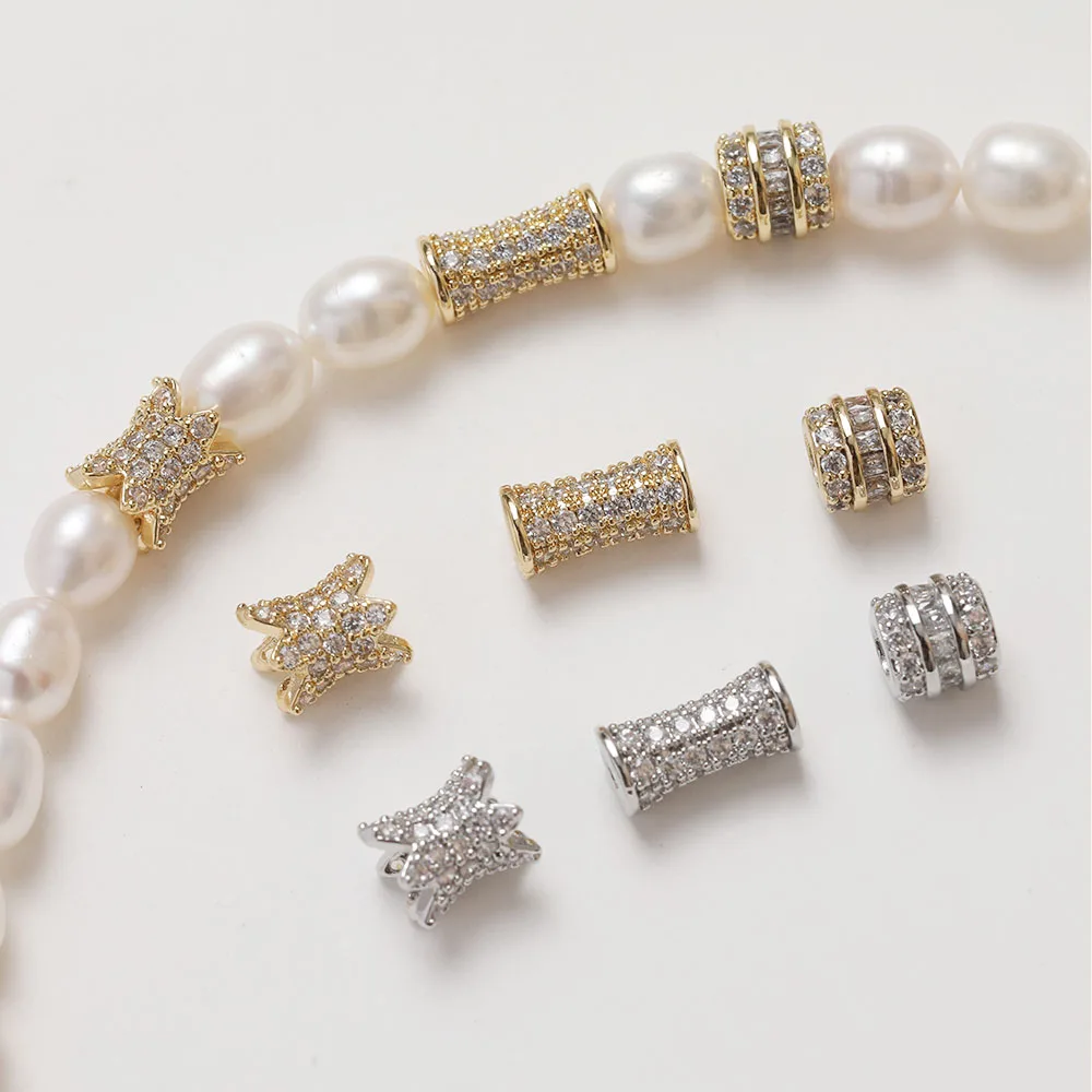 2PCS 14K Gold Plated Brass Inlaid Zircon Tube Beads For Bracelet Necklace Making Supplies Jewelry Components Accessories