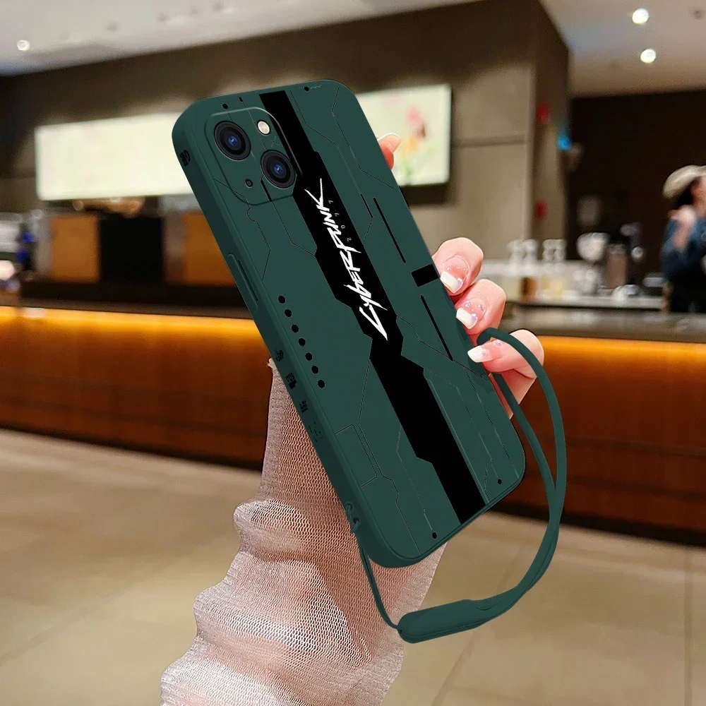 Cool Phone Case C-Cyberpunks For iPhone 15 14 13 12 11 Pro Max Mini X XR XS MAX SE 6 6S 8 7 Plus  Silicone Cases with Hand Strap