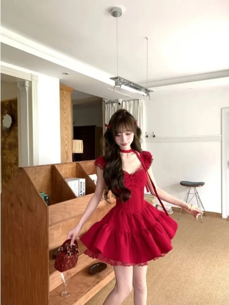 Korean Fashion Y2k Red Elegant Party Wedding Dresses Woman Clothing Holiday Lace Short Mini Dresses Summer One-piece Dress 2025
