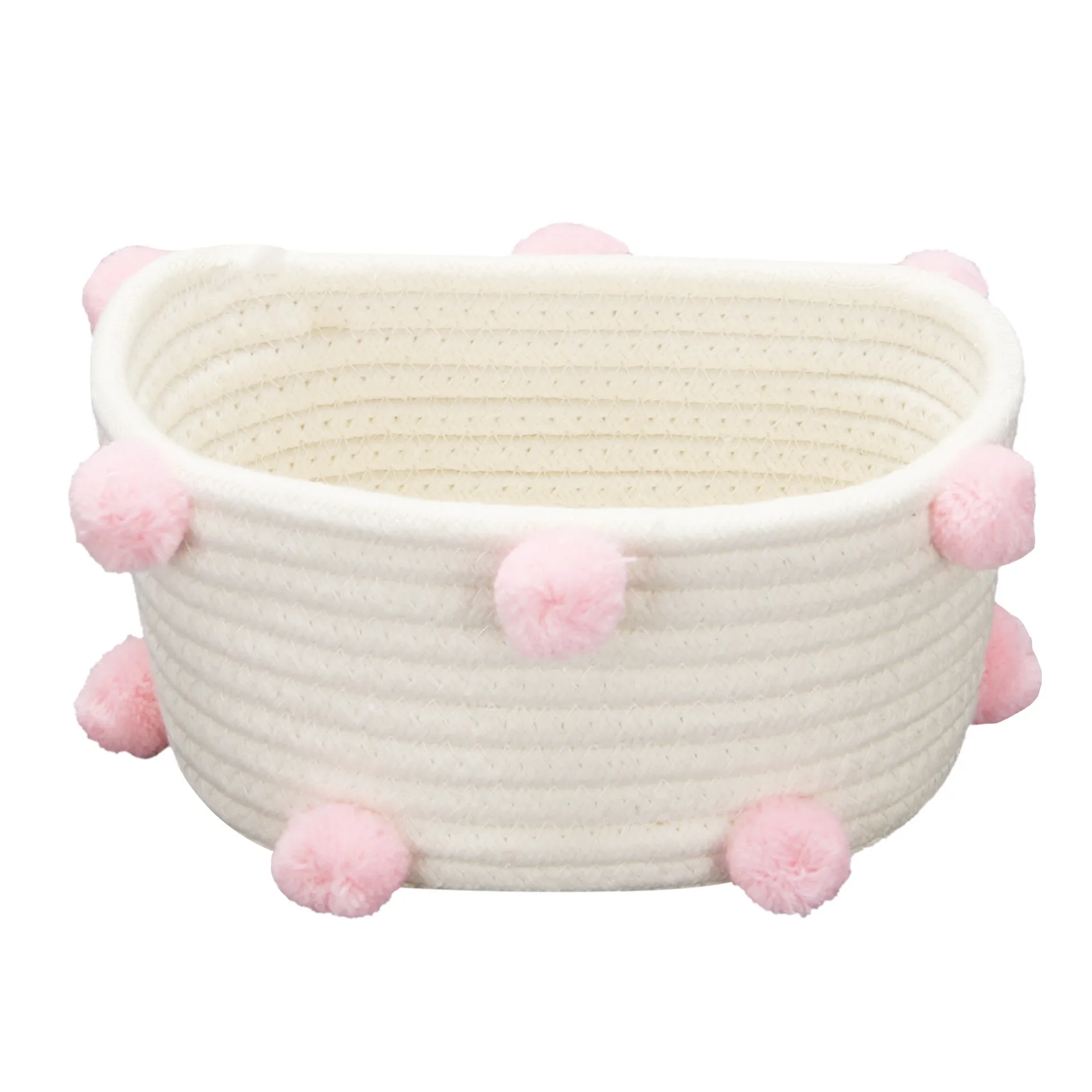 Cotton Woven Storage Basket Cute Pompom Decor Sundries Finishing Box Nordic Cosmetic Toys Organizer Frame Pink S