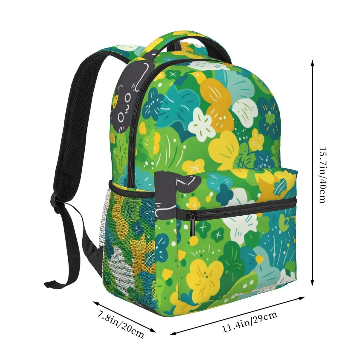 Cute Animal Print Backpack Allover Floral Cat Whimsical Illustration Vibrant Multi Color Lightweight Daypack for Animal Lovers