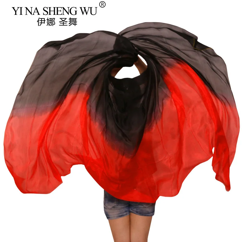 100% الحرير الحقيقي الرقص الشرقي الحجاب 250/270*114 سنتيمتر التدرج اللون أسود + أحمر اليد مصبوغ الرقص اكسسوارات الحجاب الحرير يمكن تخصيصها #4