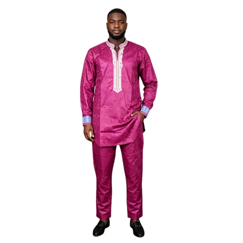 Plus Size African Clothes for Men Bazin Embroidery Design 2 PCS Set Tops and Pants Trousers Suits Dashiki Africa Clothing