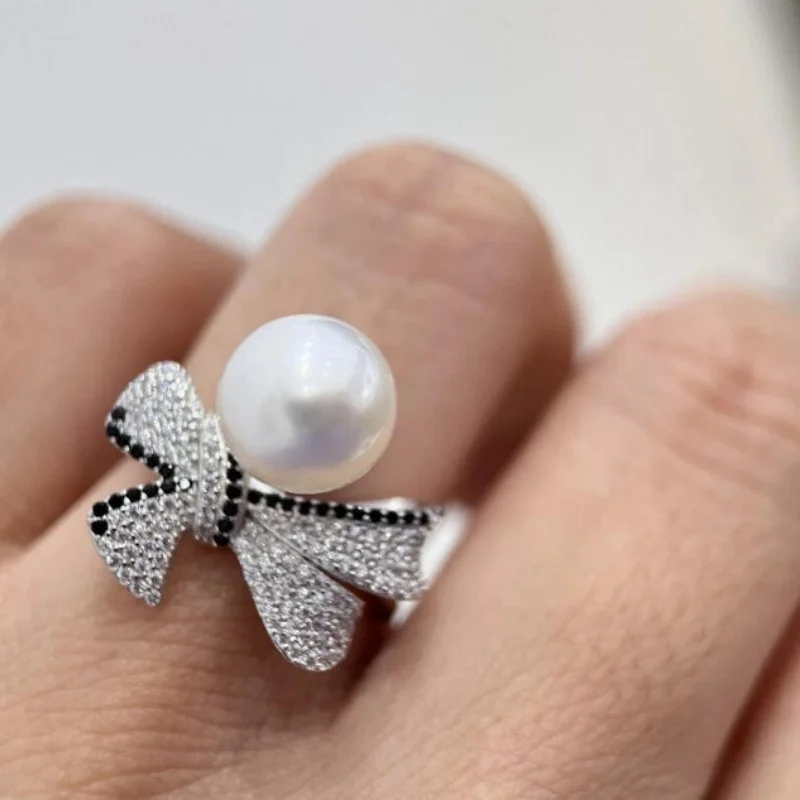 Brilliant oversized AAA+ natural 10-11 mm South Sea white circular pearl ring 925S