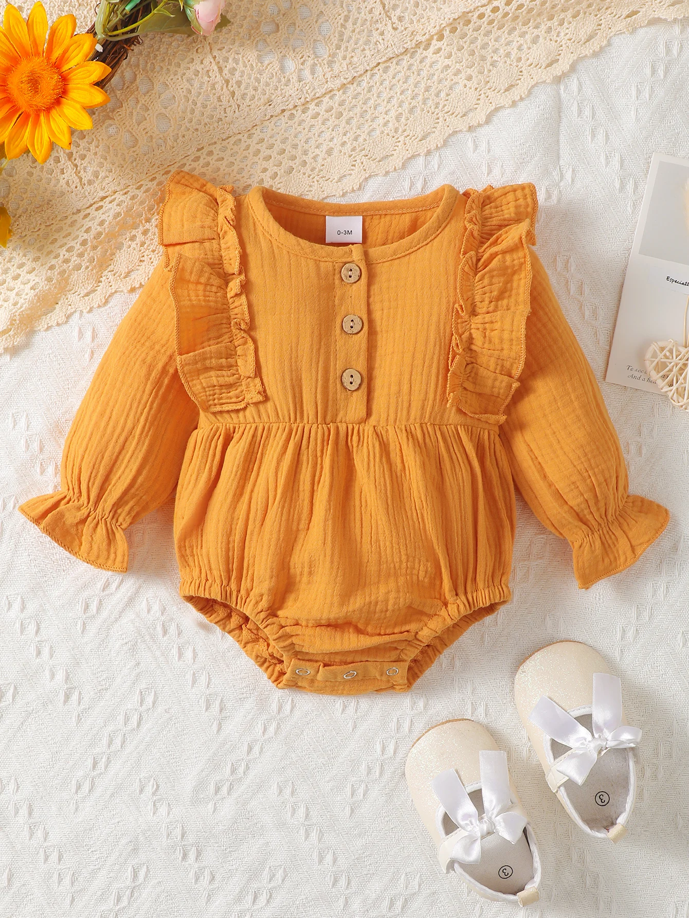 Baby Girl's Cute Ginger Yellow Long-Sleeved Cotton and Linen Romper, Autumn Style