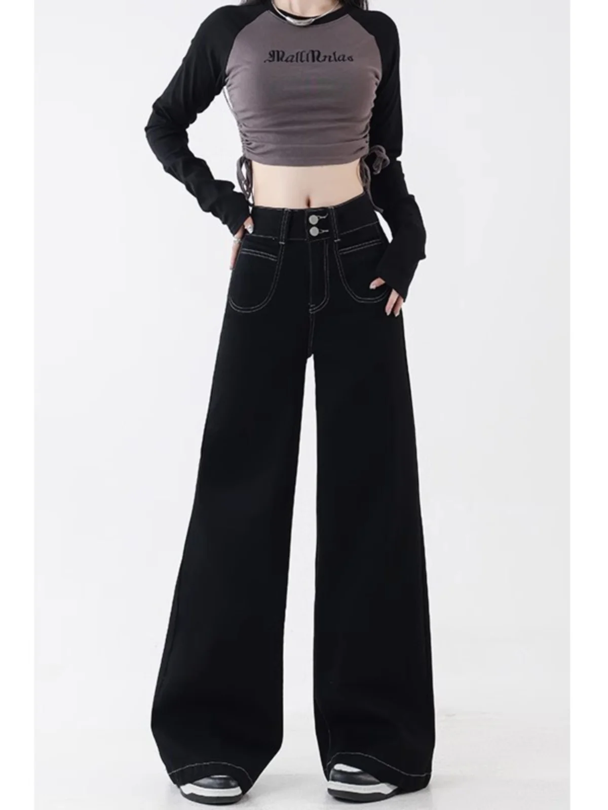 

High Waist Wide Leg Jeans Women's Loose Fit Straight Cut Long Pants Autumn Bla Denim for Pear aped plus Size Body pe