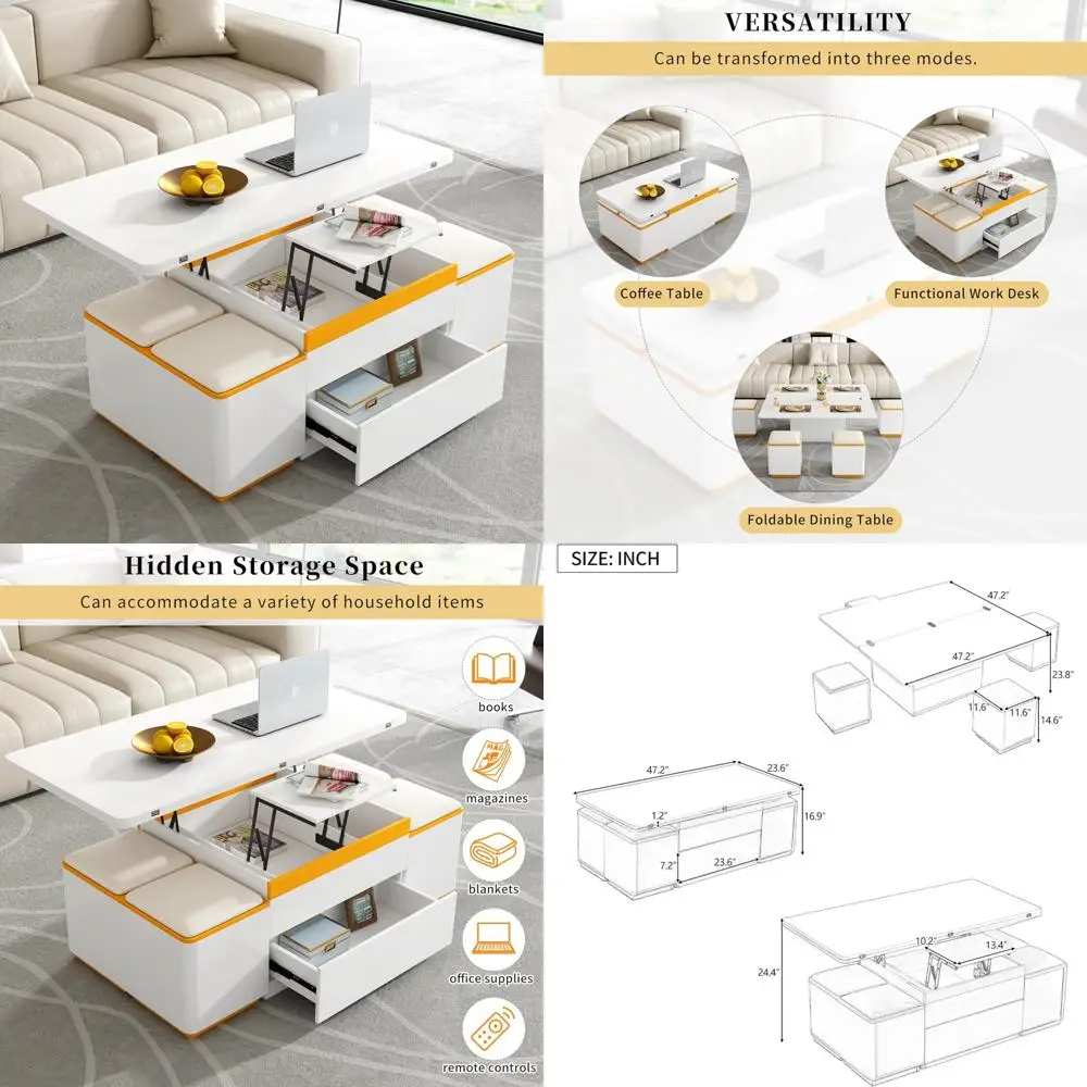 

Журнальный столик с подъемным верхом, 4 табуретами для хранения и складной столешницей, современный прямоугольный многофункциональный регулируемый обеденный стол 47,2 дюйма.