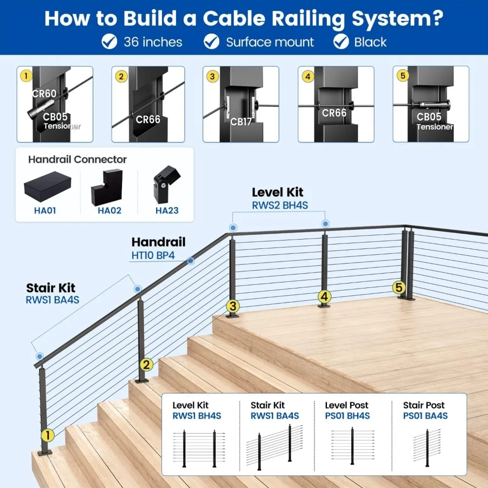 Kit de poteau de garde-corps de câble d'escalier, ensemble d'invitation, adapté pour escalier 25-35 °, 5-10 pieds, 36 po