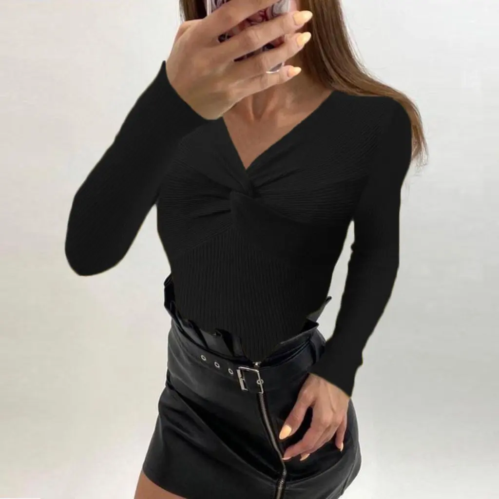 

Women's Slim Long Sleeve Sweater Autumn Winter European American Style Cross-Kink Design Fashionable Top for Ladies