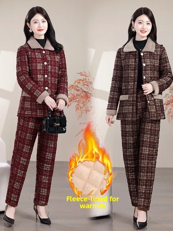 

Thickened Fleece Warm Plaid Cotton Jacket And Pants Two-Piece Set for Middle-Aged And Elderly Women Winter Home Clothes