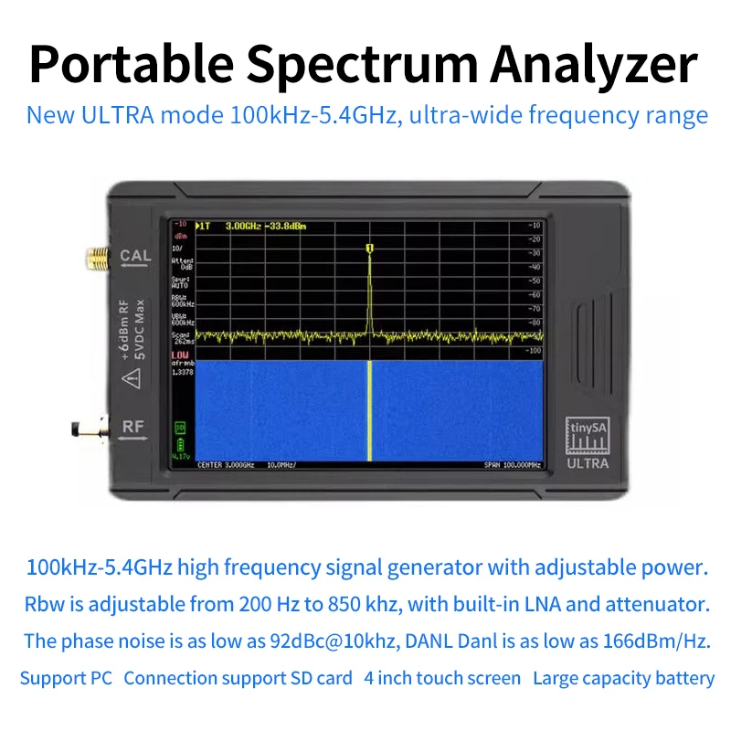 100 K-5.4GHz Ultra TinySA Handheld Spectrum Analyzer 4 Inch Touch Screen Tinysa Ultra Spectrum Analyzers with Battery