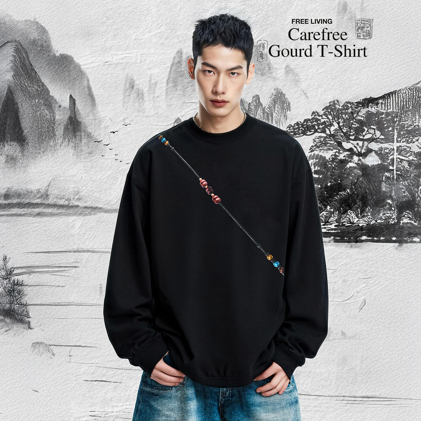 

INFLATION Men Long Sleeve T Shirt Fall 2025 Beaded Gradient Gourd Print Streetwear Crewneck Top