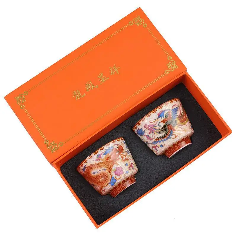 Jingdezhen Chinese Style Ancient Enamel Color Tea Cup Tea Cup Master Cup Dragon and Phoenix Pair Cup Kung Fu Sample Tea Cup Set