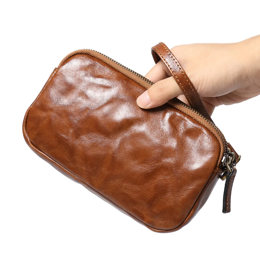 luokir Genuine Leather Men's Clutch Bag Vintage Textured Coin Purse First-Layer Cowhide, Large Capacity Mobile Phone Bag