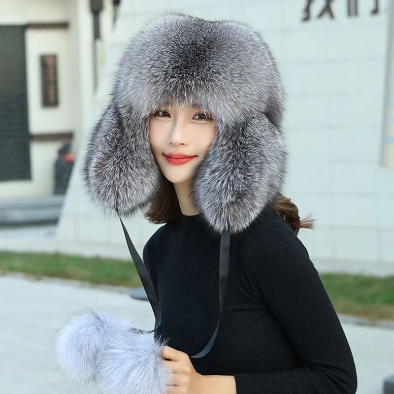 Women Real Fox Fur Beanies Hat Mongolian Hat Unique Process Fox Tail Design Luxury Winter Warm Hats For Fashion Women Bomber Hat