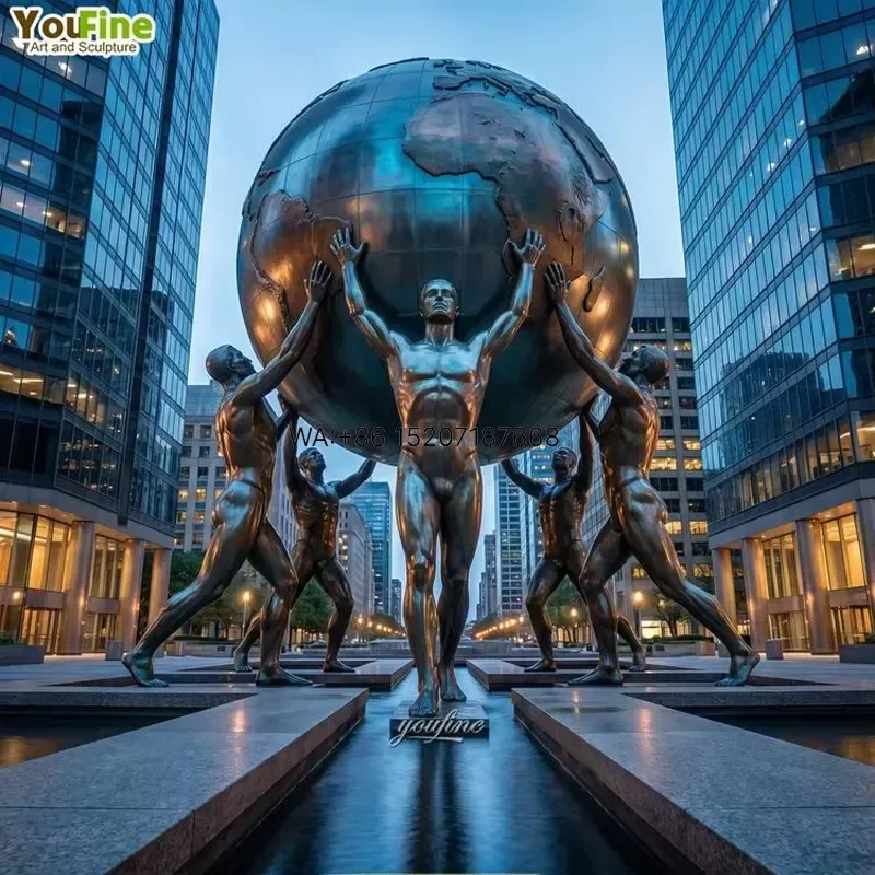 Wmwmnu for YouFine Custom Life Size Bronze Men Supporting Globe Teamwork Sculpture Large Outdoor City Plaza Modern Art Statue