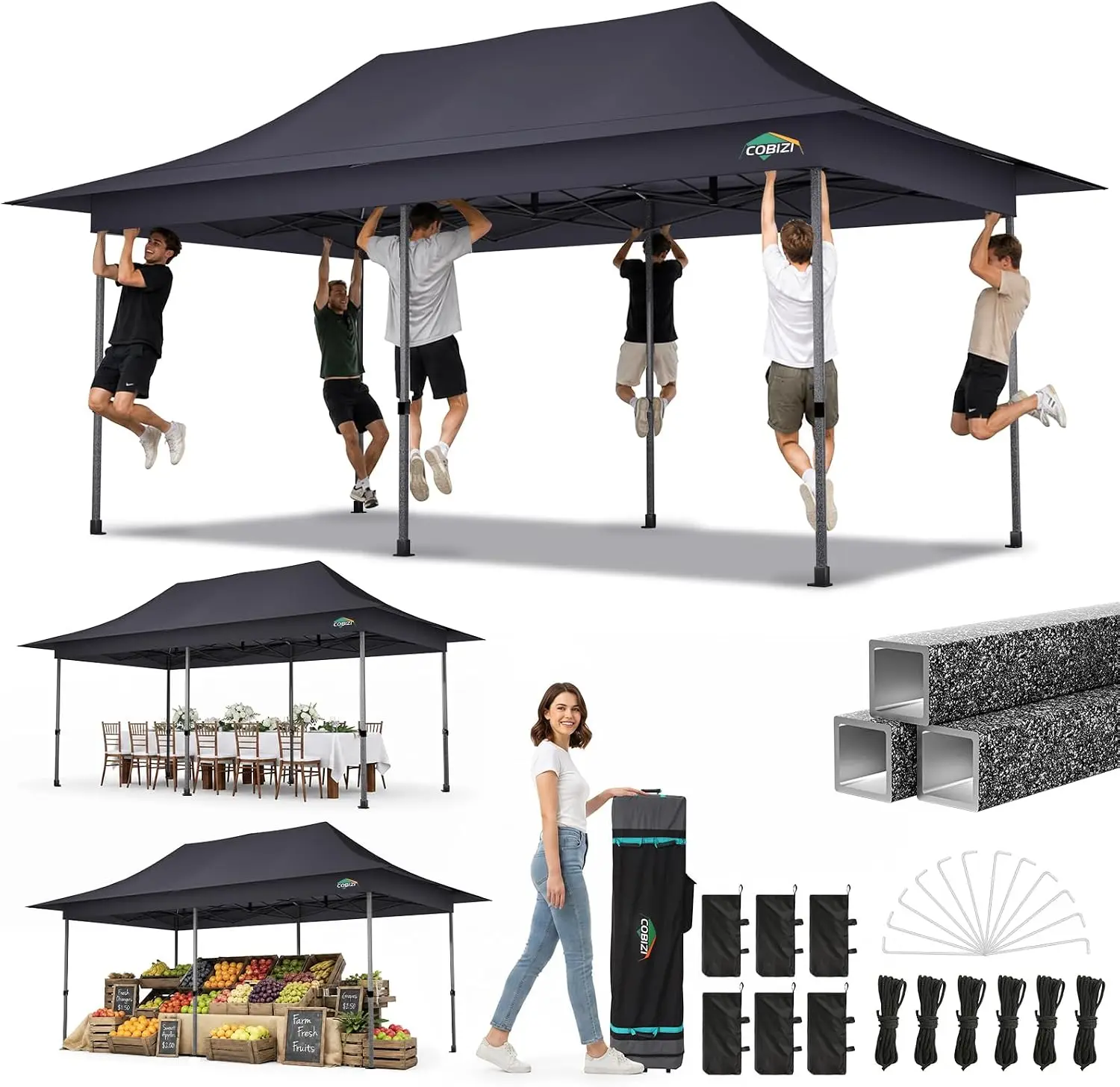 10x20 Heavy Duty Pop up Canopy Tent with 6 Removable Sidewalls，Gray