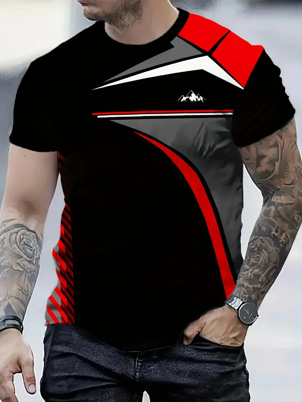 Black and Red Contrasting Color Geometric Lines 3DPrinted Men's T-shirt Loose Comfortable Casual Breath Quick-drying Outdoor Top