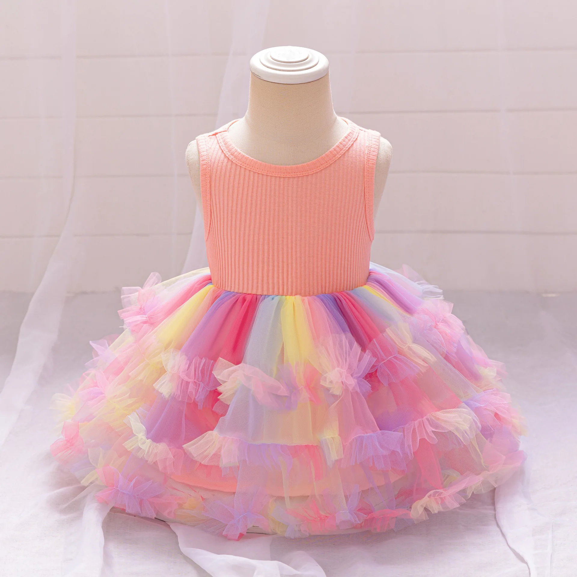0-24m Toddler Baby Girls Rainbow Birthday Dress Tutus for Kids Ruffles Bell Bottom Vestido Cotton Knit Patchwork Costume
