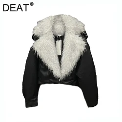 DEAT Women's Coat Black Pu Leather Spliced Zipper Loose Faux Fur Collar Thick Female Jackets 2024 Winter New Fashion 11A01604