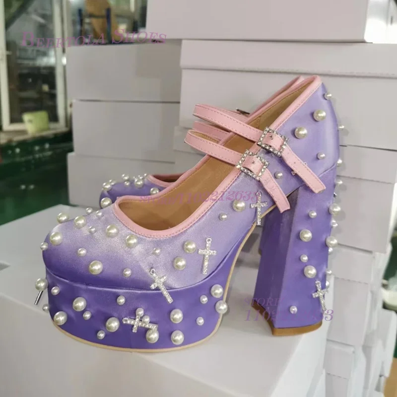 Purple Water Platform Pearl Embroidery Platform Heels Girls Round Head Chunky Sandals Buckle Crystal Women Dress Party Cute Shoe