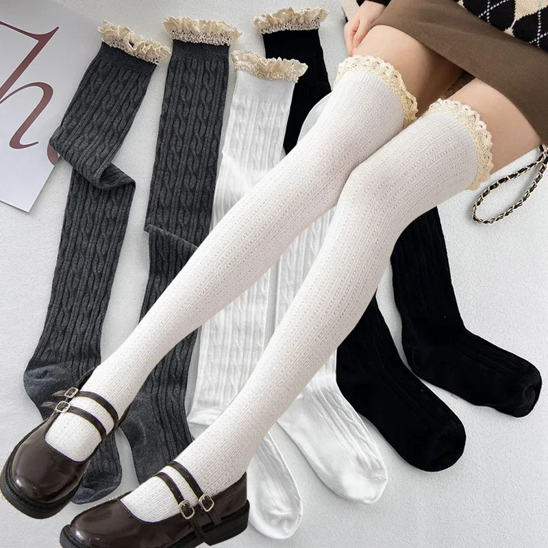 JK Lace Socks Lolita Lace Stockings Women Knitted Pattern Girls Cute Elegant Solid Color Winter Warmer Floor Hosiery