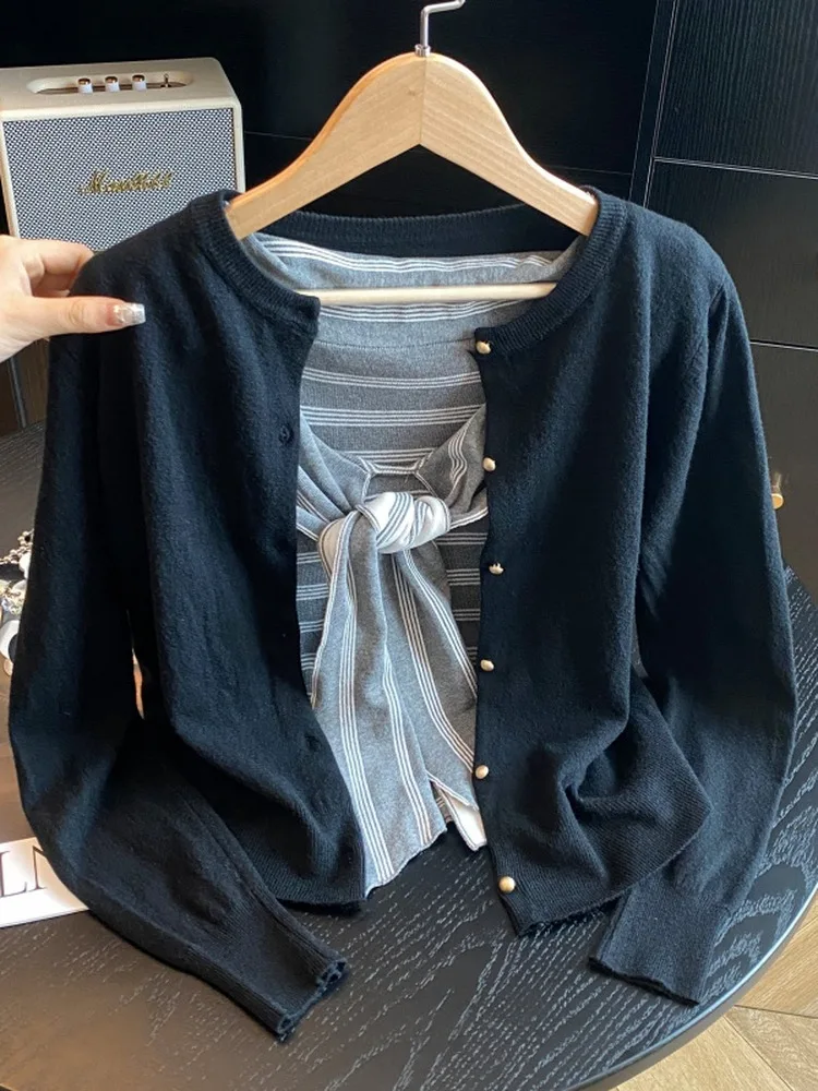 

Многофункциональный вязаный комплект из двух предметов: жилет в полоску и кардиган с широким воротником, повседневный, удобный, в корейском стиле, свободного кроя