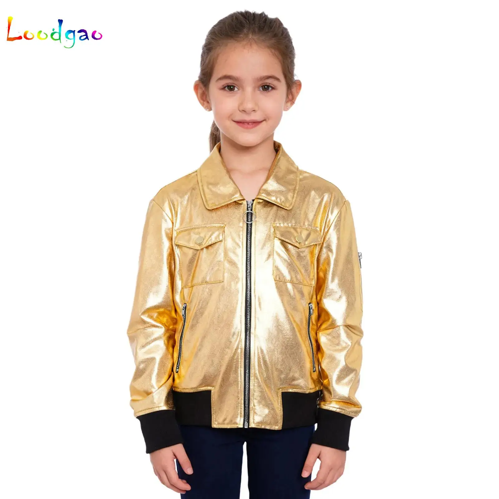 

Kids Girls Zip-Up Metallic Jacket Turn-Down Collar Long Sleeve Baseball Coat Outerwear Jazz Hip-hop Street Dance Coats Costume