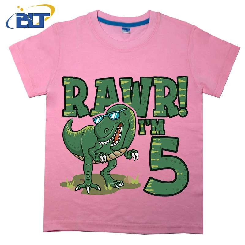 Dinosaur Birthday for 5 Year Old Boy Printed Kids T-shirt Summer Cotton Short Sleeve Casual Tops Suitable for Boys and Girls