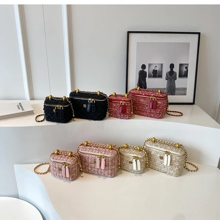 Woolen Box Square Chains Crossbody Bag For Women 2023 New Luxury Brand Fashion Pink Black Mini Handbag